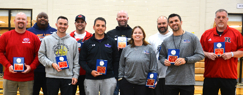 These are some of the coaches recognized with Century Awards at the 2024 IBCA Clinic. Front row, from left: Jay Temples of Owen Valley, Zach Newby of Lapel, Bryce Rector of Greencastle, Kristi Sigler of Jennings County, Kyle Brasher of Gibson Southern and Wes Radtke of Rensselaer Central; back row: Chris Buggs of Gary West, Brandon Allman of Brownstown Central, Jake Turner of Winchester and Nathan Fleenor of Evansville Harrison