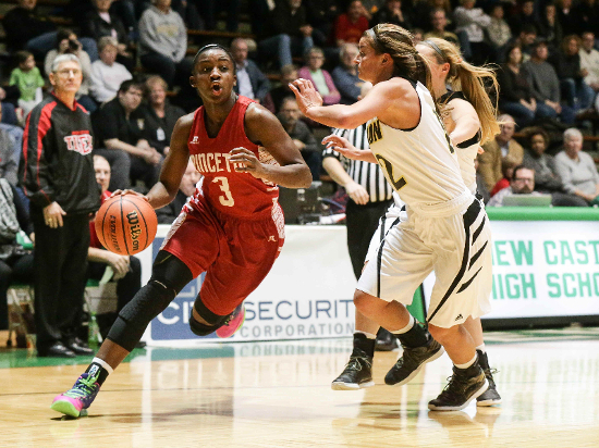 GIRLS' LEADER: Jackie Young of Princeton (3 in red) is the Indiana high school girls' basketball career leading scorer with 3,268 points. She graduated in 2016, one year after keying the Tigers to the 2015 Class 3A state title.